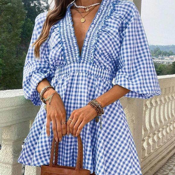 Blue Cute Women's Woven Plaid gingham V-Neck Blouson Sleeve Jumpsuit romper - Picture 1 of 7